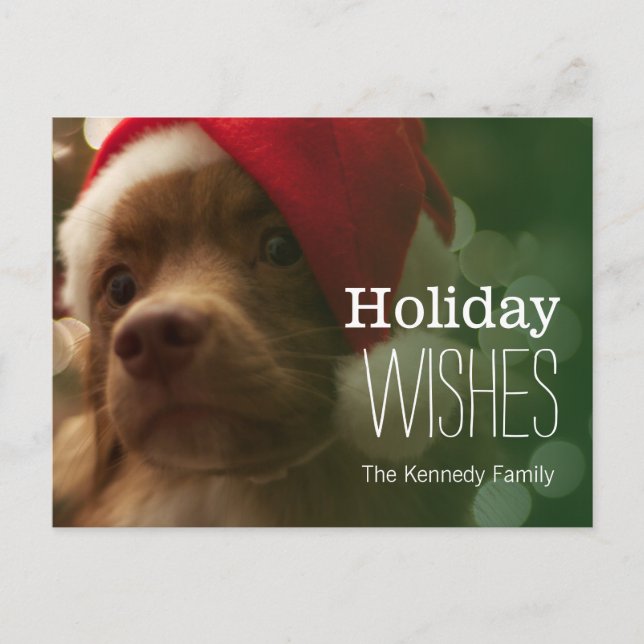 Cartes Pour Fêtes Annuelles chiot assis devant le bokeh de noël (Devant)