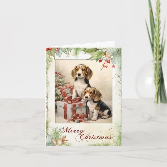 Cartes Pour Fêtes Annuelles Chiot Beagle Victorien Noël (Devant)