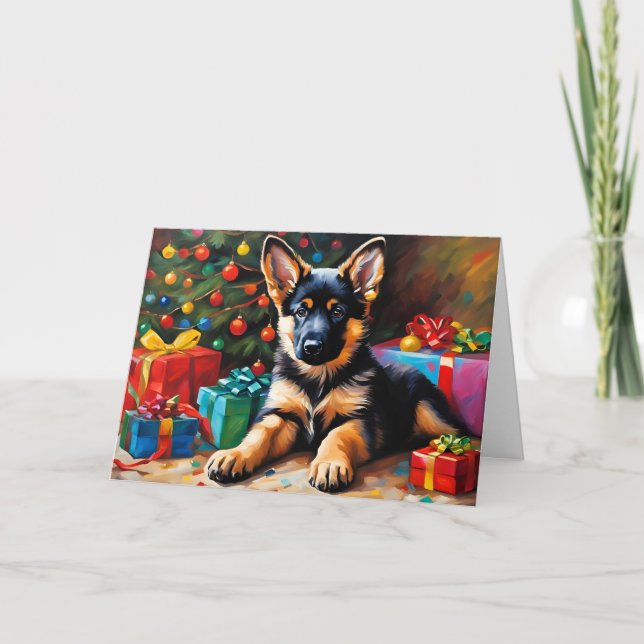 Cartes Pour Fêtes Annuelles Chiot berger allemand, Arbre de Noël, Présents (Devant)