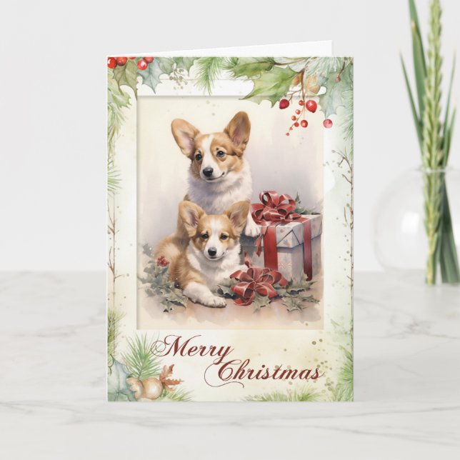 Cartes Pour Fêtes Annuelles Chiot Corgi de Noël Victorien (Devant)