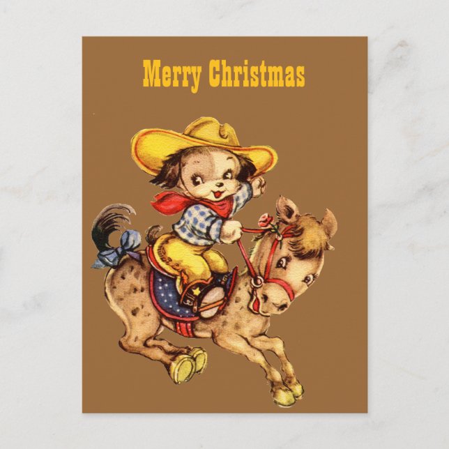 Cartes Pour Fêtes Annuelles Chiot Cowboy sur son cheval Joyeux Noël (Devant)