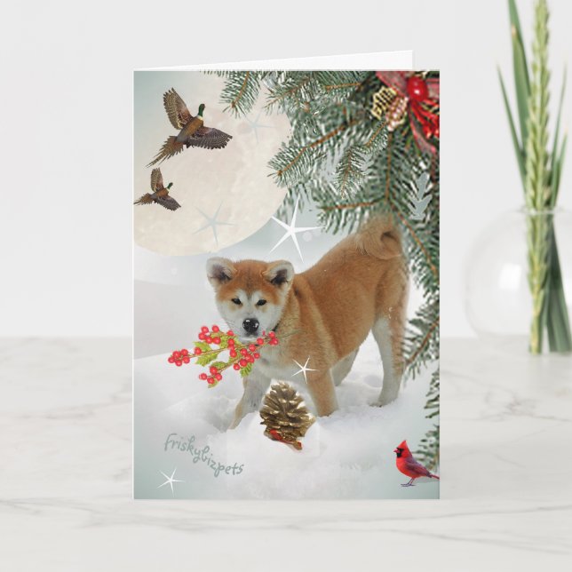Cartes Pour Fêtes Annuelles Chiot d'AKITA jouant dans la neige (Devant)