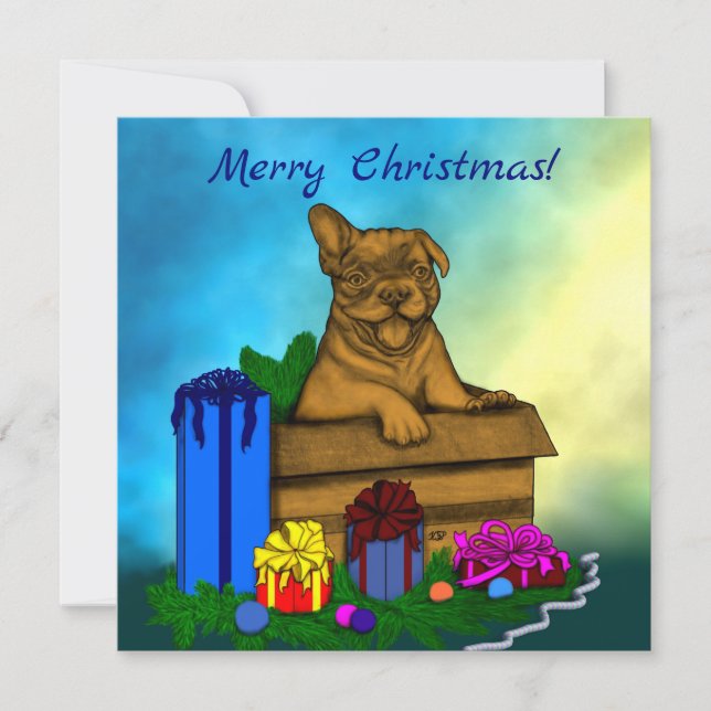 Cartes Pour Fêtes Annuelles Chiot dans une boîte, Joyeux Noël (Devant)