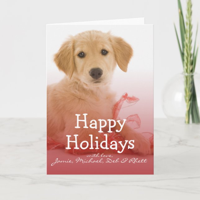 Cartes Pour Fêtes Annuelles Chiot de golden retriever avec le ruban (Devant)