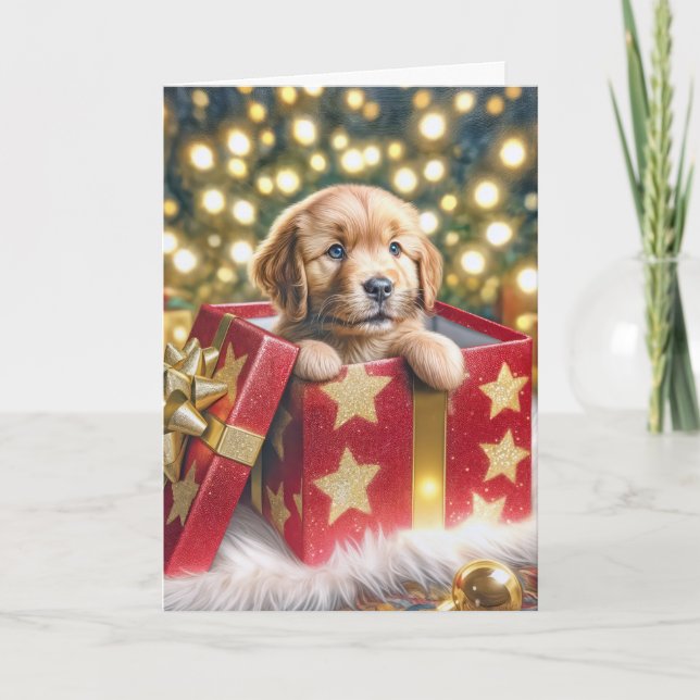 Cartes Pour Fêtes Annuelles Chiot d'or rétriever dans la boîte de Noël (Devant)