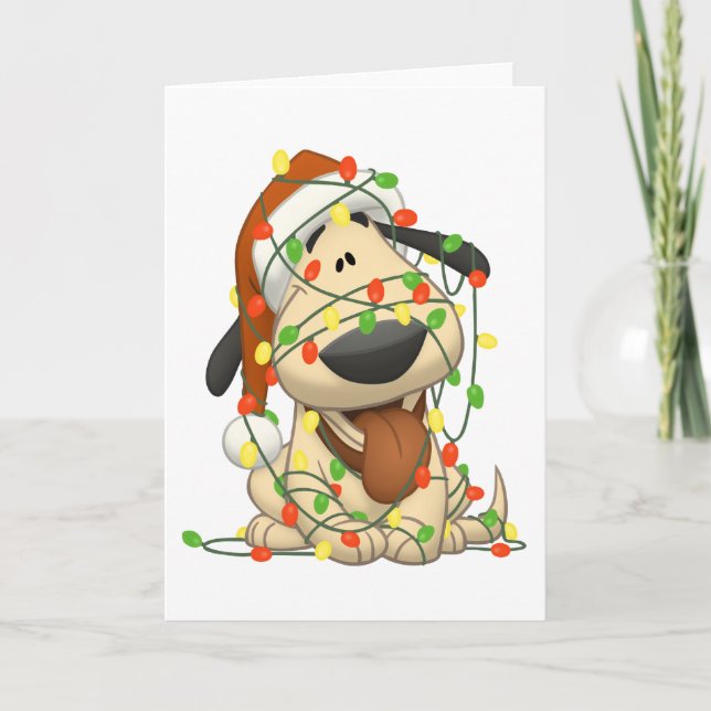 Cartes Pour Fêtes Annuelles Chiot drôle de lumières de Noël (Devant)