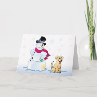 Cartes Pour Fêtes Annuelles chiot et bonhomme de neige jaunes de laboratoire
