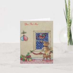 Cartes Pour Fêtes Annuelles chiot mignon observant Noël de vol de traîneau de