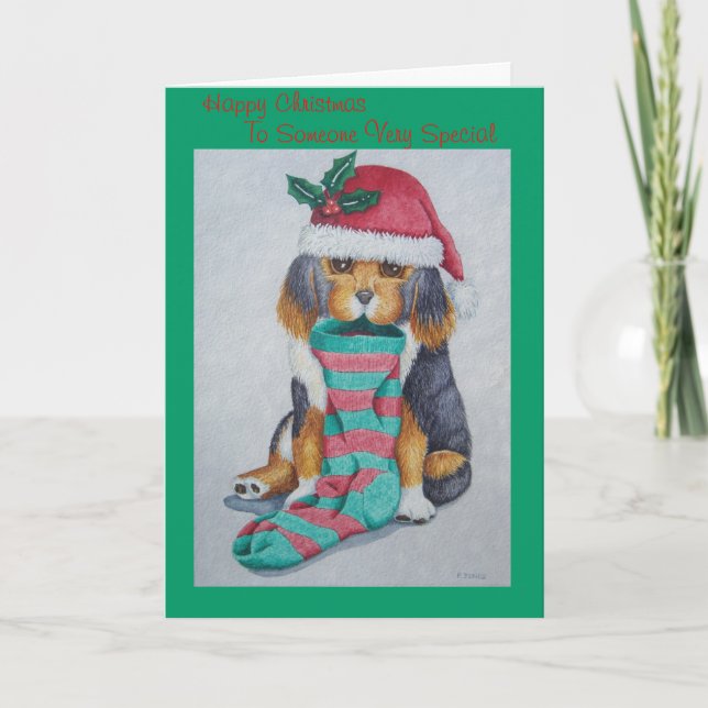 Cartes Pour Fêtes Annuelles chiot noir et brun mignon avec Noël de bas (Devant)