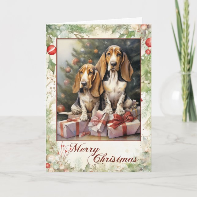 Cartes Pour Fêtes Annuelles Chiots Basset Hound Victorien à Noël (Devant)