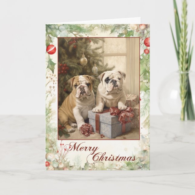 Cartes Pour Fêtes Annuelles Chiots Bulldog Anglais Victorien pour Noël (Devant)