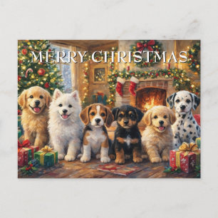Cartes Pour Fêtes Annuelles Chiots de Noël près de la cheminée et de l'arbre d