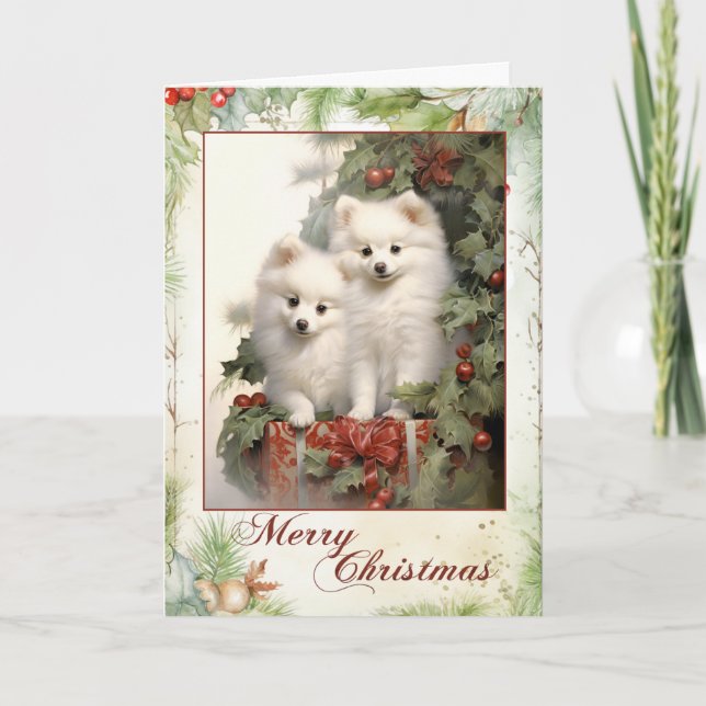 Cartes Pour Fêtes Annuelles Chiots eskimo américains victoriens de Noël (Devant)