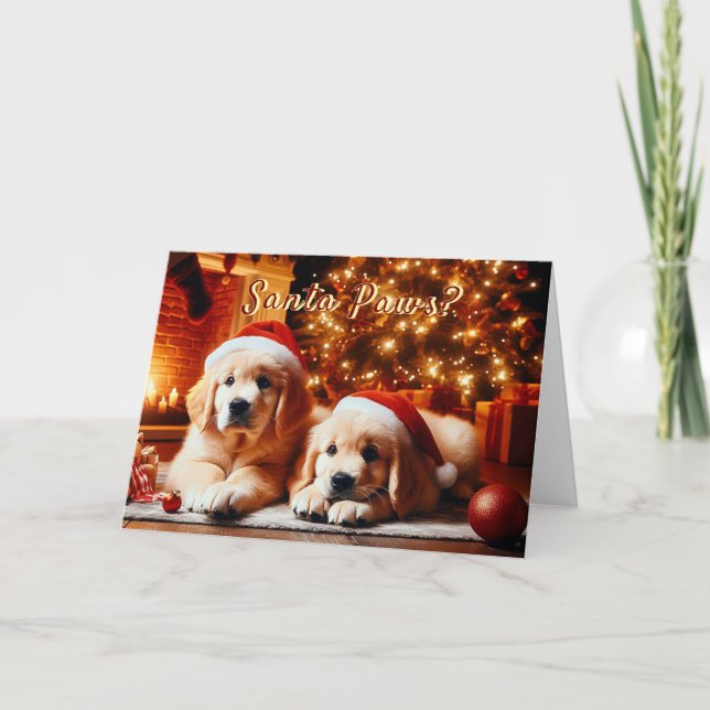Cartes Pour Fêtes Annuelles Chiots Golden Retriever Hear Père Noël Card (Devant)