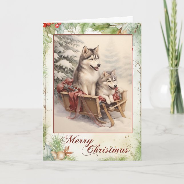Cartes Pour Fêtes Annuelles Chiots Husky Sibérien Victorien de Noël (Devant)