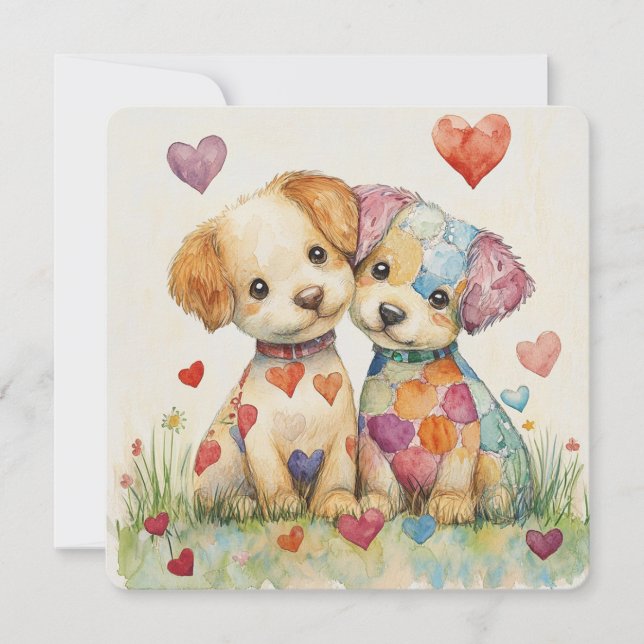 Cartes Pour Fêtes Annuelles Chiots Patchwork pour la Saint-Valentin (Devant)