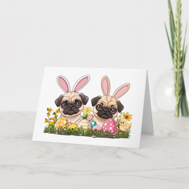 Cartes Pour Fêtes Annuelles Chiots Pug de Pâques Oreilles de Lapin (Devant)