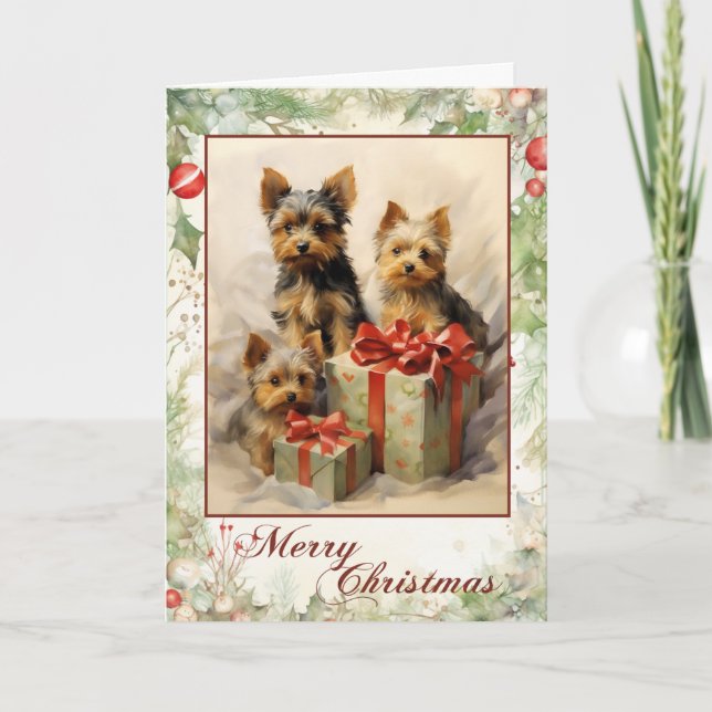 Cartes Pour Fêtes Annuelles Chiots Yorkshire Terrier Victorien Noël (Devant)