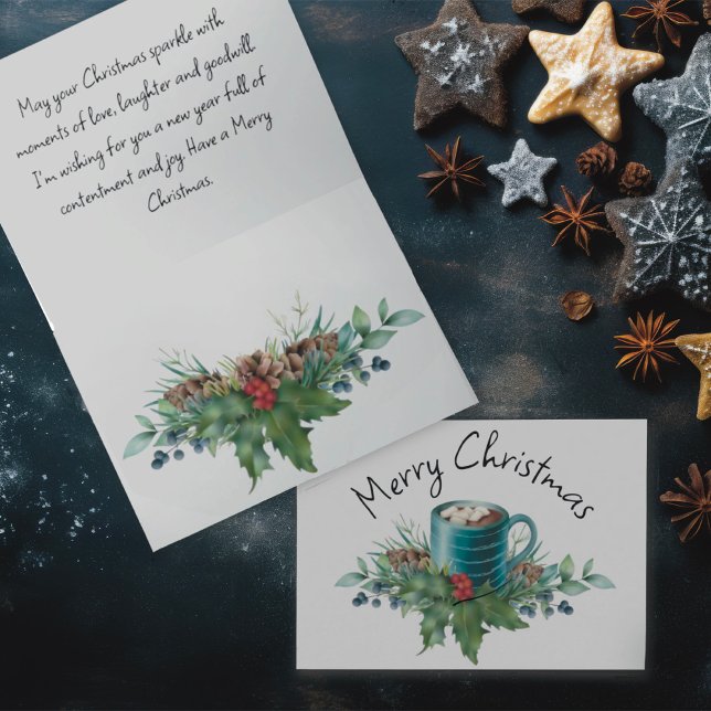 Cartes Pour Fêtes Annuelles Chocolat chaud avec verdure Holly et hiver (Créateur téléchargé)