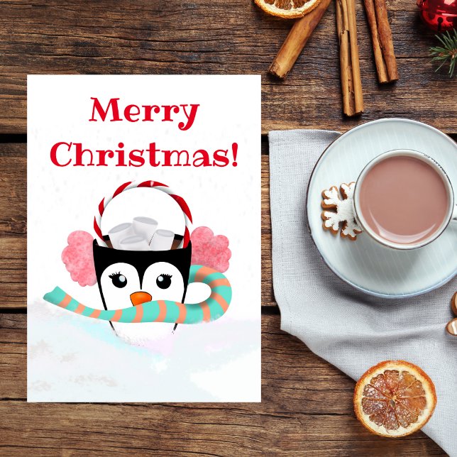 Cartes Pour Fêtes Annuelles Chocolat Chaud Noël Kawaii Pingouin (A sweet yummy Christmas Hot Chocolate card for kids!)