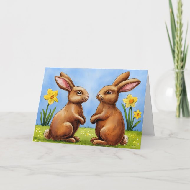 Cartes Pour Fêtes Annuelles Chocolat Lapins De Pâques En Daffodiques (Devant)
