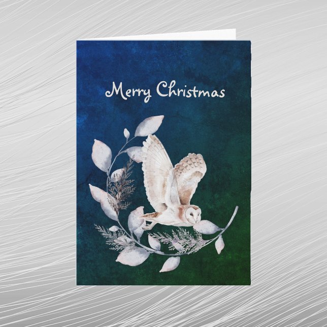 Cartes Pour Fêtes Annuelles Chouette bleue de Noël Branche Feuille Aquarelle (Créateur téléchargé)