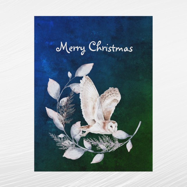 Cartes Pour Fêtes Annuelles Chouette bleue de Noël Branche Feuille Aquarelle (Créateur téléchargé)