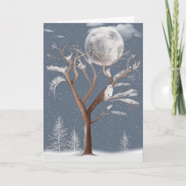 Cartes Pour Fêtes Annuelles Chouette des neiges et lune d'hiver (Devant)