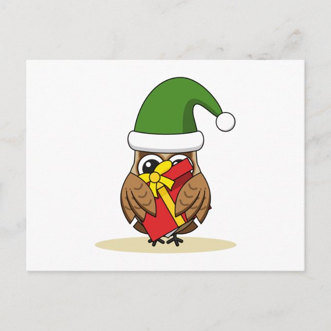 Cartes Pour Fêtes Annuelles Chouette elfe de Noël avec présent (Devant)