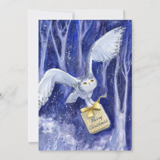 Cartes Pour Fêtes Annuelles Chouette fantaisiste Noël aquarelle bleu-violet (Devant)