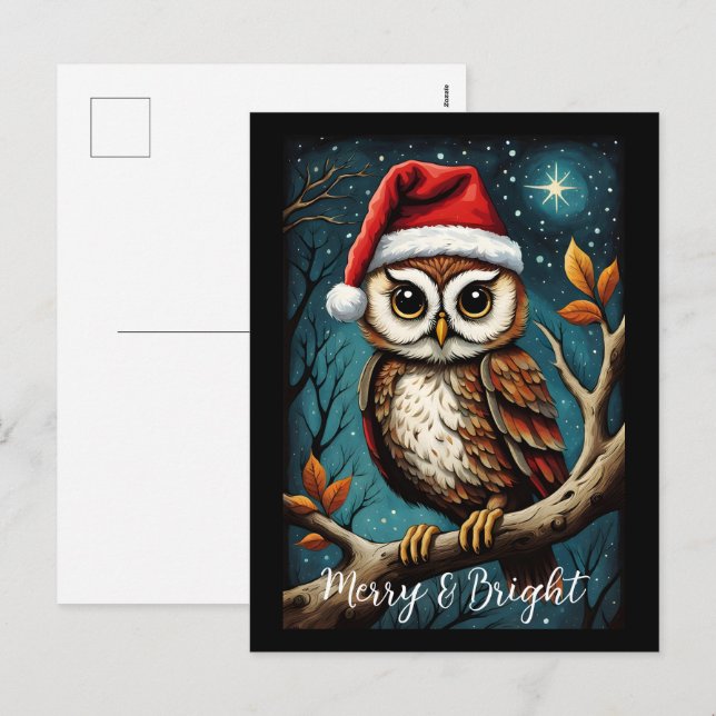 Cartes Pour Fêtes Annuelles Chouette mignonne de nuit neige Joyeuse et brillan (Devant / Derrière)