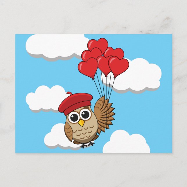 Cartes Pour Fêtes Annuelles Chouette mignonne volant avec des ballons de coeur (Devant)