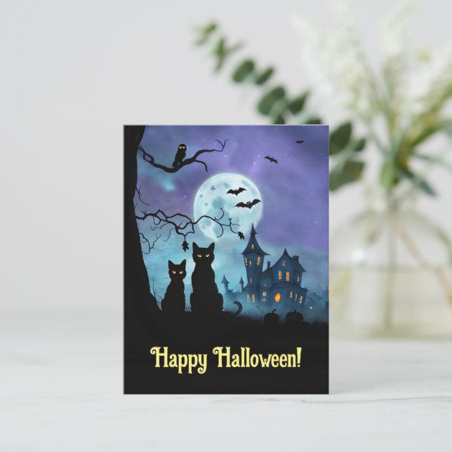 Cartes Pour Fêtes Annuelles Chouettes de chats noirs mignons d'Halloween (Debout devant)