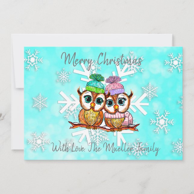 Cartes Pour Fêtes Annuelles Chouettes de Noël à l'aquarelle fantaisistes migno (Devant)