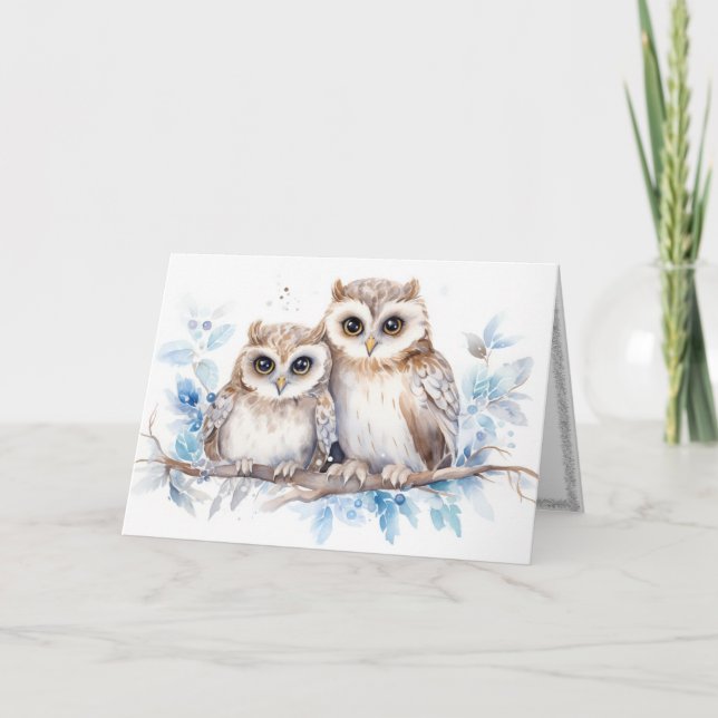 Cartes Pour Fêtes Annuelles Chouettes de Noël à l'aquarelle sur une branche (Devant)