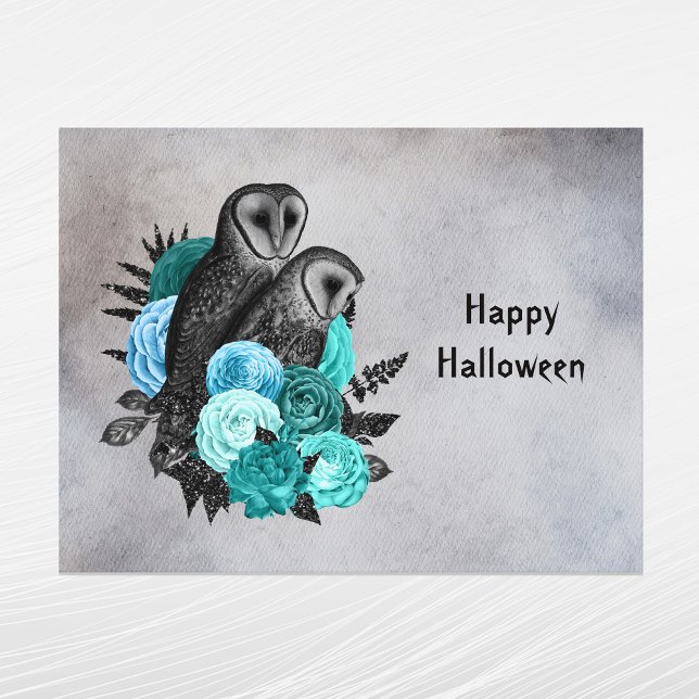 Cartes Pour Fêtes Annuelles Chouettes florales Turquoises gothiques Halloween (Créateur téléchargé)