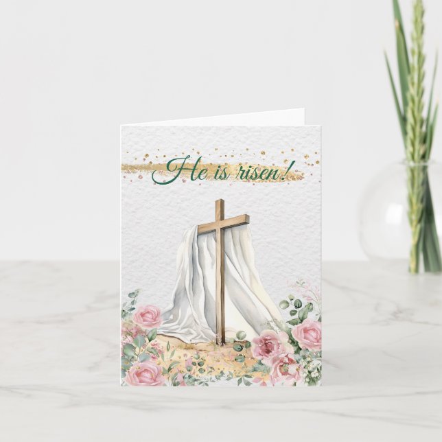 Cartes Pour Fêtes Annuelles Chrétien Croix de Pâques Aquarelle Roses Eucalyptu (Devant)