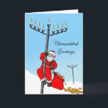 Cartes Pour Fêtes Annuelles Chrismukkah, vacances interconfessionnelles, Père<br><div class="desc">Salutations de Chrismukkah ! Un père noël monte un menorah sous forme de poteau léger/réverbère. Son sac de cadeau est rempli de gelt et de dreidels. Une partie du gelt est tombée sur la neige. Célébrez Hanoukka et Noël avec cette carte de voeux interconfessionnelle. Courtoisie d'élément de Père Noël de...</div>