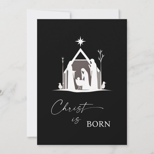 Cartes Pour Fêtes Annuelles Christ est né Nativité blanche Noir Noël (Devant)