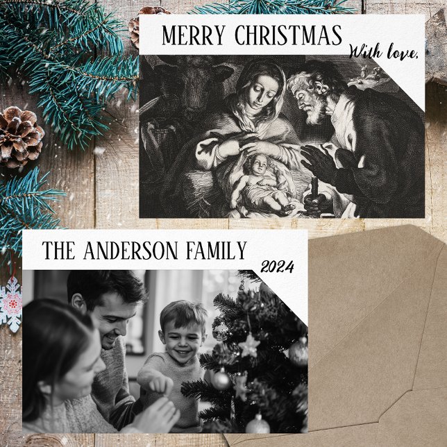 Cartes Pour Fêtes Annuelles Christian Black & White Photo de famille Noël (Christmas Nativity Black & White Elegant Classic Religious Christian Family Photo Holiday Card)