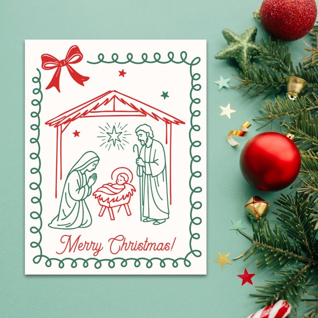 Cartes Pour Fêtes Annuelles Christian Nativity Scene Religious Christmas (A simple, faith-forward Christmas design featuring red & green line-art of the nativity scene)
