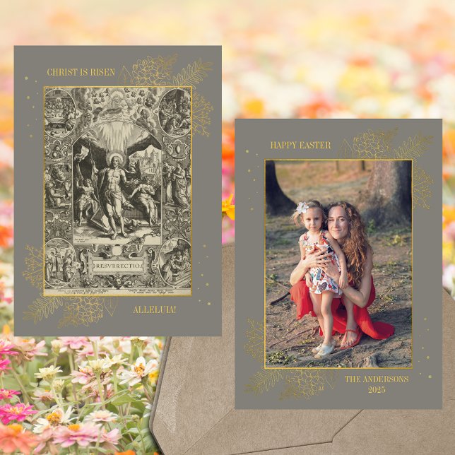 Cartes Pour Fêtes Annuelles Christian Pâques Jésus Résurrection Famille Photo (Grey Gold Religious Christian Catholic Jesus Christ Resurrection Family Photo Easter Holiday Card)