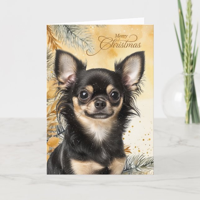 Cartes Pour Fêtes Annuelles Christmas Black Tan Chihuaua Dog Golden Pines (Devant)