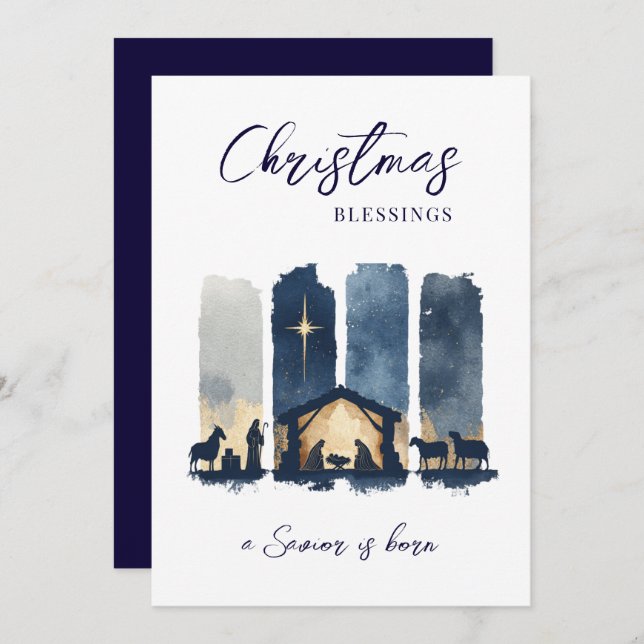 Cartes Pour Fêtes Annuelles Christmas Blessings Watercolor Nativity Scene (Devant / Derrière)