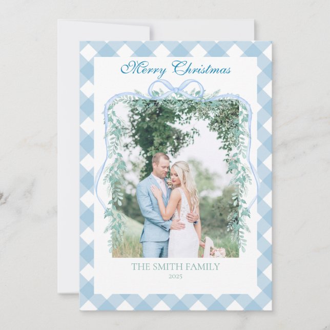 Cartes Pour Fêtes Annuelles Christmas Blue Gingham Garland Grandmillenial (Devant)