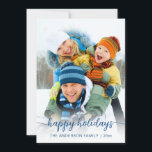 Cartes Pour Fêtes Annuelles Christmas Blue Script photo Happy<br><div class="desc">Cette carte de vacances festive vous propose une photo préférée avec une superposition à l'ombre blanche et un texte de script "happy holiday" avec votre nom de famille et l'année en dessous. Le dos est orné de rayures bleues et de confettis dorés. Facile à customiser en cliquant sur "Personnaliser". Idéal...</div>
