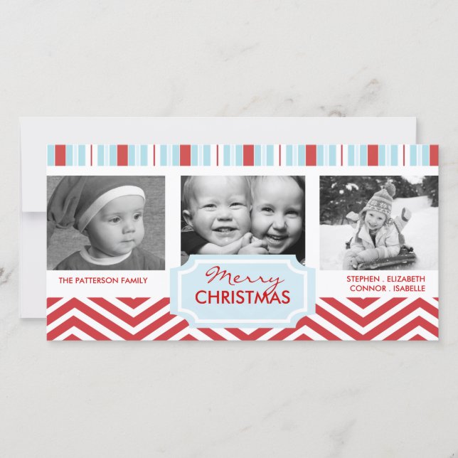 Cartes Pour Fêtes Annuelles Christmas Blue Stripes Red Chevron Photo de vacanc (Devant)