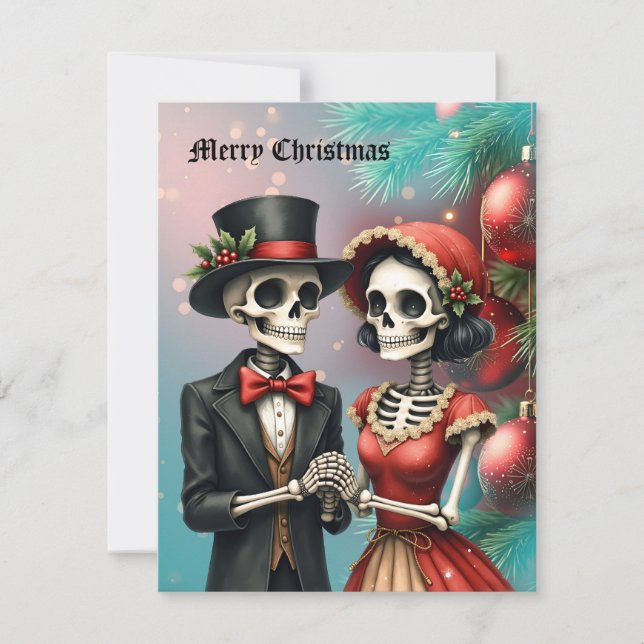 Cartes Pour Fêtes Annuelles Christmas Bone Romance, A festive skeleton couple. (Devant)