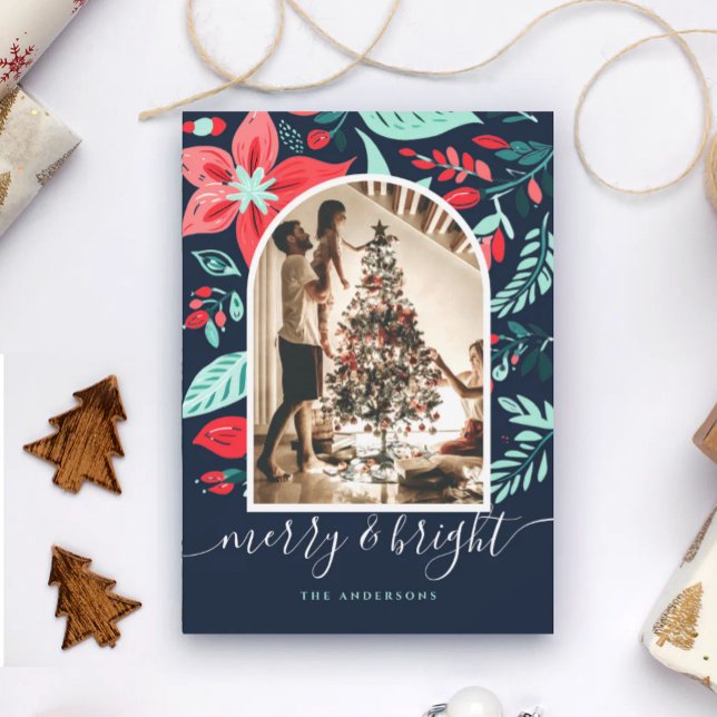 Cartes Pour Fêtes Annuelles Christmas  Botanical Red Floral Blue Arch Photo (Créateur téléchargé)
