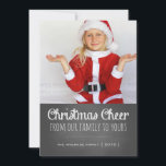 Cartes Pour Fêtes Annuelles Christmas Cheer Holiday Photo Chalkboard Lettering<br><div class="desc">Christmas cheer cards black and white chalkboard lettering Holiday photo cards, with festive red and white stripes background (back) and handwritten capital letters. Chalkboard holiday photo card, by red_dress, featuring one photo, a dotted line divider and the white text "Christmas cheer from our family to yours", against a black chalk...</div>